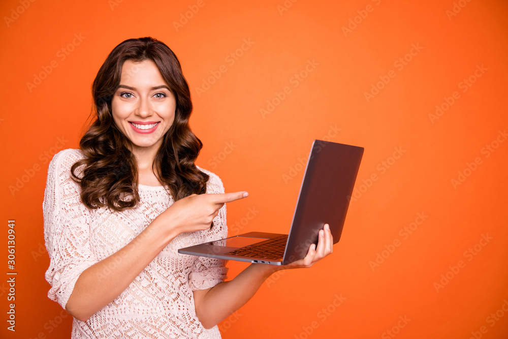 Portrait of positive cheerful girl use laptop search online black friday bargain point index finger website promo wear good looking clothing isolated over shine color background