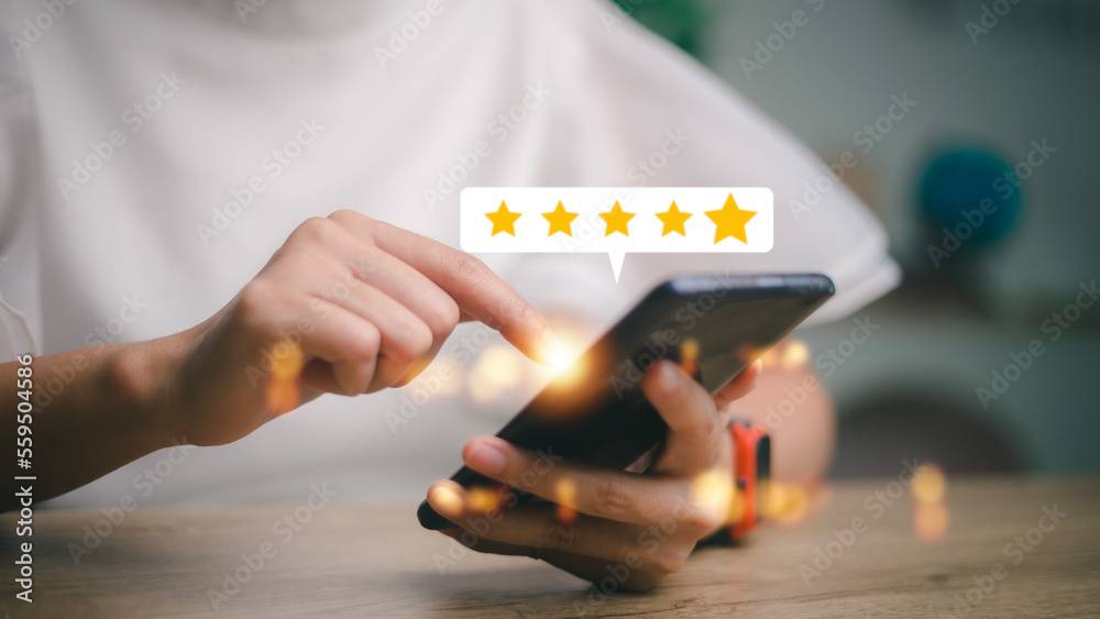 User give rating to service experience on online application, Customer review satisfaction feedback survey concept, Customer can evaluate quality of service leading to reputation ranking of business.